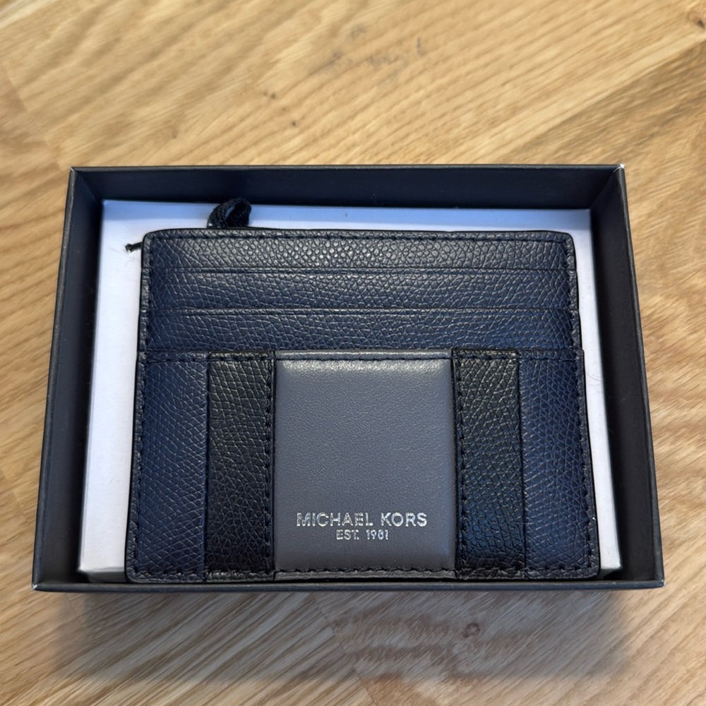 Michael Kors Men’s Warren Leather Tall Card Case Wallet Navy Blue w/ box